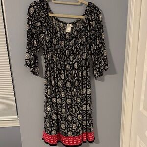 Sophie Max Black and White Off the ShouldrFloral Knee-Length Dress with Red Trim